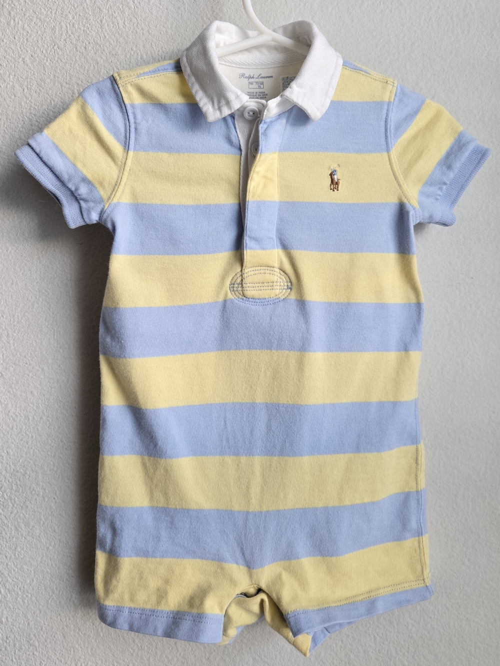 Ralph Lauren - Boys's Blue and Yellow Striped Polo Romper, Sz 9 Mo